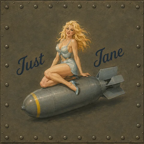 Nose art of Just Jane — a blonde woman in blue seated on a bomb
