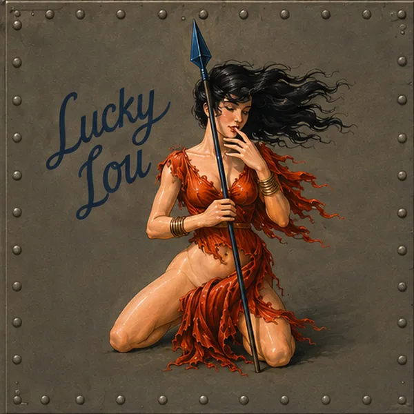Nose art of Lucky Lou — a kneeling dark-haired woman in a red dress holding a spear
