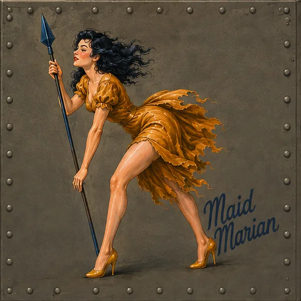 Nose art of Maid Marian — a dark-haired woman in a gold dress leaning on a spear