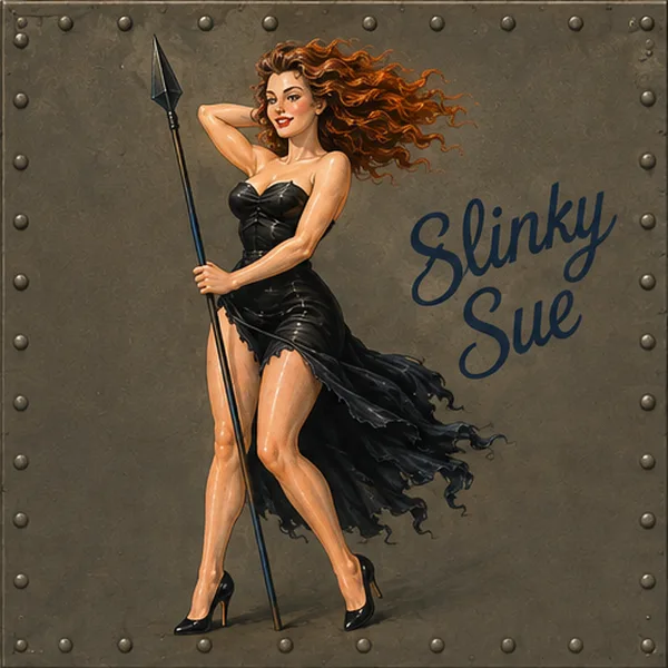 Nose art of Slinky Sue — an auburn-haired woman in a black dress holding a spear