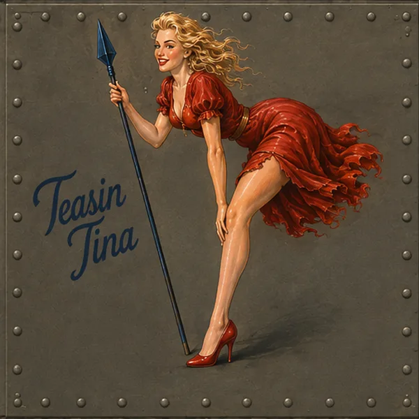 Nose art of Teasin&rsquo; Tina — a blonde woman in a red dress leaning on a spear